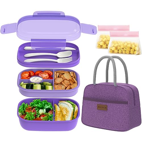 JBGOYON Leakproof Bento Box & Insulated Lunch Bag Set, 4-Piece, Purple | 6-hour thermal retention, includes nested knife fork spoon, 2 reusable snack pouches, designed for adults and kids - color: Purple Set