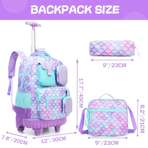 Meetbelify Rolling Backpack for Girls Boys Backpacks with Wheels Kids Carry on Luggage for Girls Boys - color: Girls Mermaid