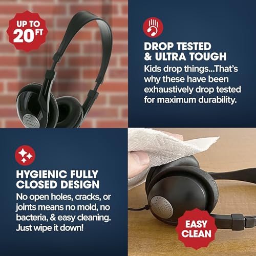 SENTRY Bulk 8 Pack Rugged School Headphones, USB C Jack Connection, Durable for Kids, Students, Teachers, Classrooms, Braided Cable, Inline Microphone, for Online Learning