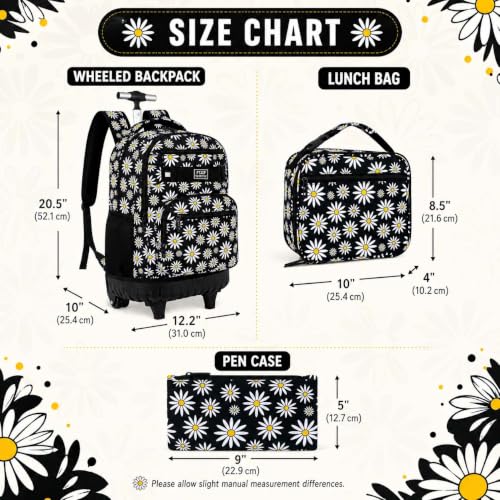 gxtvo Girls Rolling Backpack, Women Roller Bookbag with Lunch Box for Adults, Water Resistant Wheeled School Bag for College Teens Kids Travel - Black Flower - color: Chrysanthemum Black