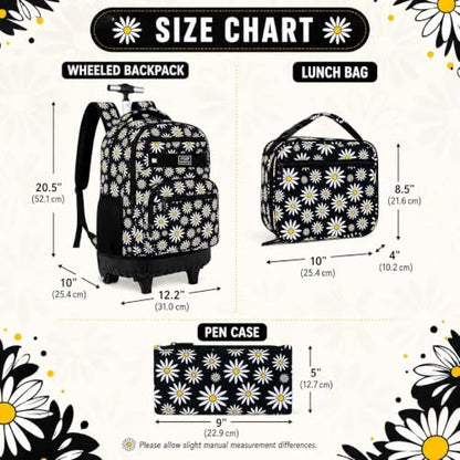 gxtvo Girls Rolling Backpack, Women Roller Bookbag with Lunch Box for Adults, Water Resistant Wheeled School Bag for College Teens Kids Travel - Black Flower - color: Chrysanthemum Black
