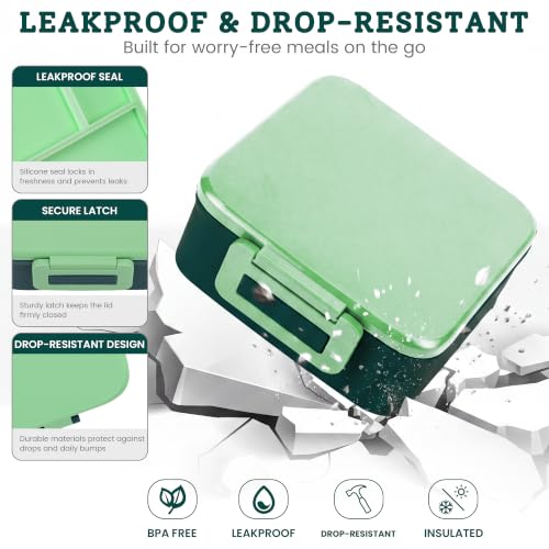 MAISON HUIS Bento Lunch Box with 8oz Soup Thermo, 5-Compartment Leak-Proof Container, Thermo Hot Food Jar and Insulated Lunch Bag, BPA Free,Travel, School (Green) - color: Green