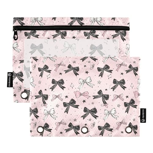 Binder Pencil Pouches Bows Cosmetic Bags 2 Pack | Clear Window 3 Rings, Cosmetic Bags School Office Supplies Cosmetic Makeup Bag 2 Psc - color: Multi-Pink Bows