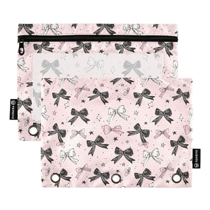 Binder Pencil Pouches Bows Cosmetic Bags 2 Pack | Clear Window 3 Rings, Cosmetic Bags School Office Supplies Cosmetic Makeup Bag 2 Psc - color: Multi-Pink Bows