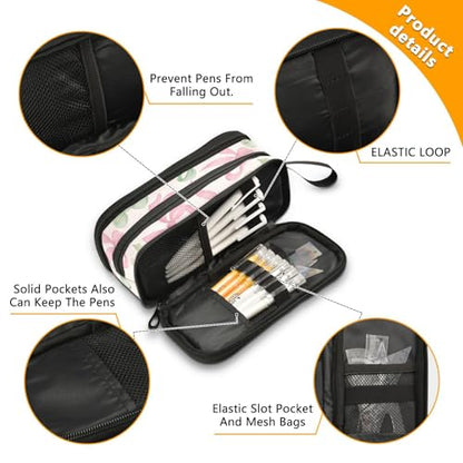 ALAZA Pink Green Bow Large Pencil Case, Pen Pouch Pencil Bag with 3 Compartments Pen Holder Organizer Stationery Bag - color: Green Bow