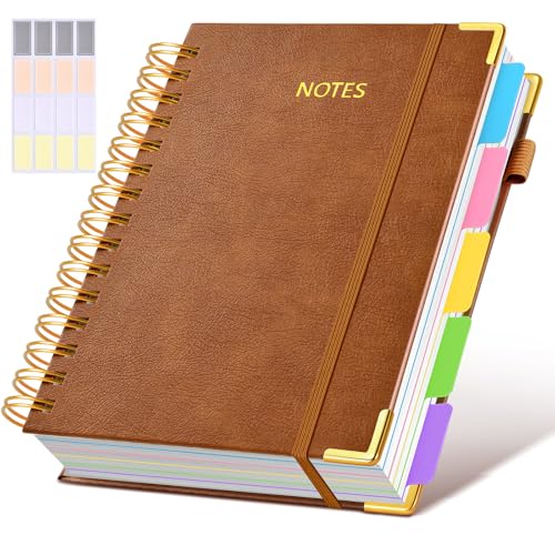 Hardcover Spiral Notebook journal with Removable Dividers Tabs, 300 Pages Leather 5 Subject Notebook College Ruled,A5 Notebooks for Work School Note taking,Lined Journal for Women,A5 Light Brown - color: Light Brown, size: 6.2"x8.2"