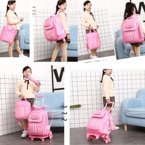 Rolling Backpack for Girls Cute Trolley Bags Primary School Bookbags with Wheels Kids Carry-On Wheeled Backpack with Lunch Bag - color: 3pcs Pink 2 Wheels, style: 2 Wheels Trolley + Backpack Sets