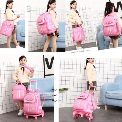 Rolling Backpack for Girls Cute Trolley Bags Primary School Bookbags with Wheels Kids Carry-On Wheeled Backpack with Lunch Bag - color: 3pcs Pink 2 Wheels, style: 2 Wheels Trolley + Backpack Sets