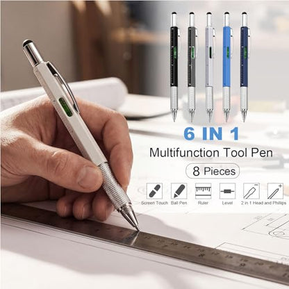 Zhanmai 8 Pcs 6 in 1 Multitool Pen Bulk Gift for Men Multi Tool Pen with Ruler Level Screwdriver Stylus Cool 20 Ink Refill Tool Gadget Birthday Christmas Stocking Stuffers (Black Gray White Blue) - color: Black, Gray, White, Blue