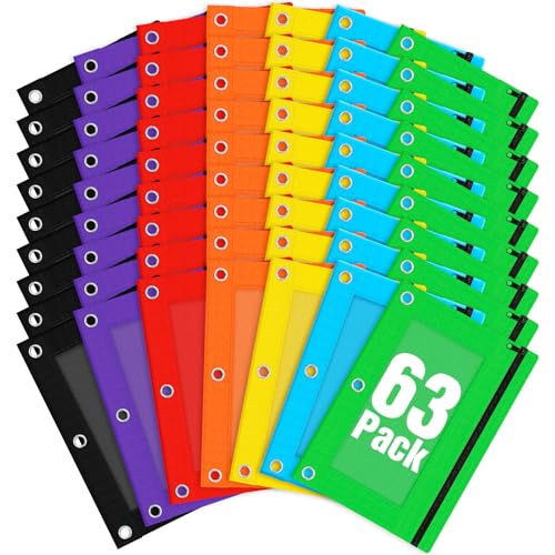 Pencil Pouch for 3 Ring Binder, 63 Pack Bulk Zipper Pencil Cases with Clear Window, 7 Assorted Color Cloth Binder Pouches with 3 Holes, Durable Pencil Bags for Classroom School Office Supplies