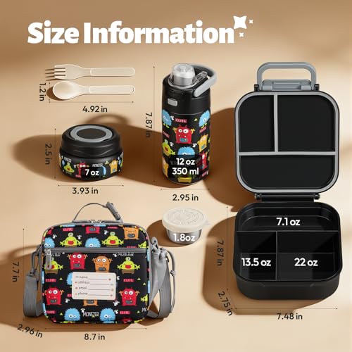 Itslife Bento Box for Kids Set, Insulated Food Container,Kids Lunch Box, 7 oz Thermos for Hot Food, 12 oz Thermos Water Bottle, Reusable Insulated Ice Bag & Fork Spoon Utensils Camping Travel Black - color: Black-MN