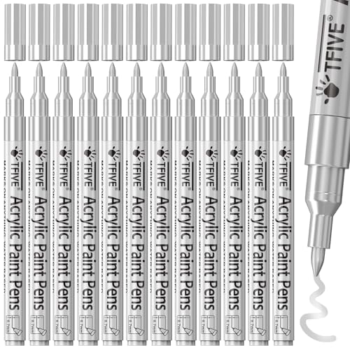 TFIVE 12 Silver Acrylic Paint Markers, Permanent Paint Pens Extra Fine Tip | Metallic, Waterproof, Fade Resistant, 0.7mm Water Based Marker Pen for Rock, Wood, Plastic, Metal, Glass, Rubber - color: Silver