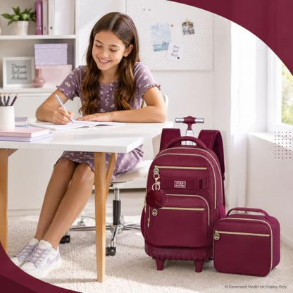 3Pcs Rolling Backpack for Girls Women, 19 Inche Adults Roller Backpacks with Wheels, School Wheeled Bookbag with Lunch Box(Wind Red) - color: Wine Red