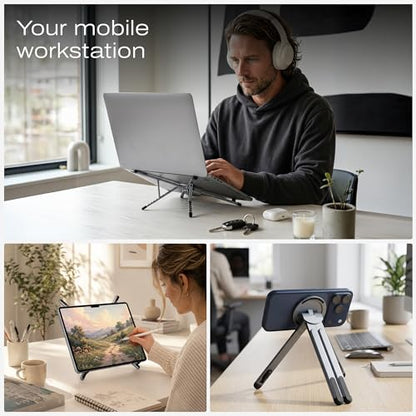 C Coiro 3-in-1 Magnetic Foldable Laptop Stand and Phone Stand for Desk Aluminum Alloy Adjustable Holder 10–16” Laptops & 4–13” Phones/Tablets, Magnetic Compatible with iPhone Android, Silver - color: Silver