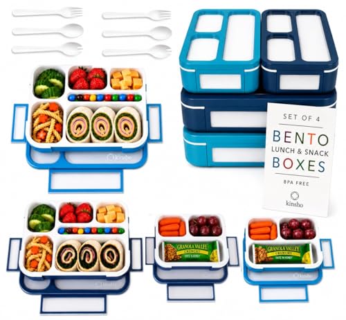 Bento Lunch Box and Snack Container Value Set| Meal Planning Portion Containers for Kids or Adults, School or Work | BPA Free | Microwave Safe | Utensils | 4 Pack, Large and Mini, Blue + Navy - color: Blue + Navy Large + MINI 4 Pack