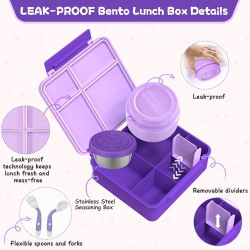 Aimsnk Lunch Box Kids with Thermo Insulated Lunch Bag for School, Purple | Bento Lunch Box for Kids with 8oz Food Jar, Leak Proof Hot Lunch Containers with 4 Compartment, Warm Lunchbox for Toddler - color: Purple