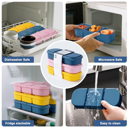 3 Pack Silicone Reusable Snack Containers with Lids - 3 Compartment Snackle Box for Kids & Adults, BPA-Free & Leakproof, Small for Dressing, Sauces, School, Office, Picnic（Blue, yellow, pink） - color: 3-Compartment (3-Pack)
