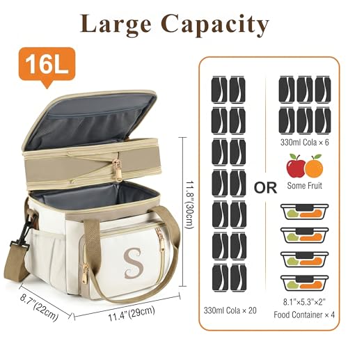 LOKASS Personalized Initial Lunch Bag for Women, Double Deck Insulated Cooler Lunch Bag with Strap, 16L Large Leakproof Adult Lunch Box for Work, Picnic, Travel, Teachers, Nurses, Friends - M - color: M