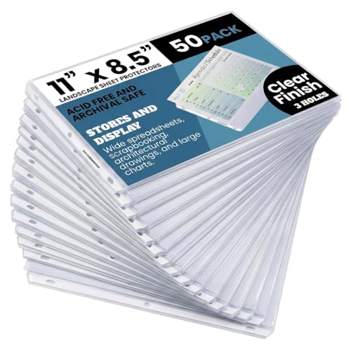 Performore 50 Sheet Protectors, Landscape Clear Sheet Protectors 8.5 X 11 Inch for 3 Ring Binder, Plastic Sheet Sleeves, Top Loading with 3 Hole-Punched Archival Safe, Non-Stick and Long-Lasting - size: 50 Pack