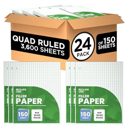 Graph Paper Loose Leaf Paper Quad Ruled Notebook Paper Quad Ruled 4” x 4” Square Lined Writing Filler Paper 10.5” x 8” 3600 Sheets 150 Sheets Per Pack 60 gsm (24 Pack) - size: 24 Pack