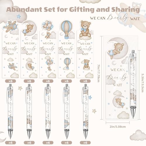 30 Sets Baby Shower Gifts Pens in Bulk for Guests Blue Bear Party Favors Retractable Ballpoint Pen with Bookmarks Black Ink Gender Reveal Souvenirs Prizes Gifts Supplies - style: Blue Bear