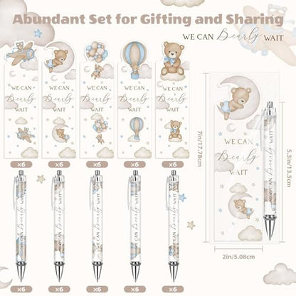 30 Sets Baby Shower Gifts Pens in Bulk for Guests Blue Bear Party Favors Retractable Ballpoint Pen with Bookmarks Black Ink Gender Reveal Souvenirs Prizes Gifts Supplies - style: Blue Bear