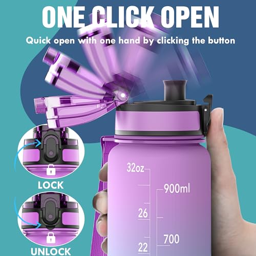OLDLEY Water Bottle, 32oz Motivational Sports Water Bottle with Time Marker - Times to Drink - Tritan, BPA Free, Wide Mouth Leakproof,Confectionery - color: Confectionery