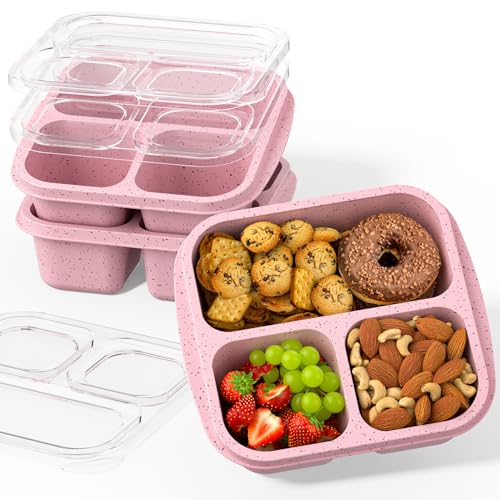 Snack Boxes (3 Pack) - Stackable Bento Boxes with 3 Compartments, Meal Prep Containers Reusable, Lightweight Lunch Containers for Kids and Adults, BPA Free (Pink) - color: Pink