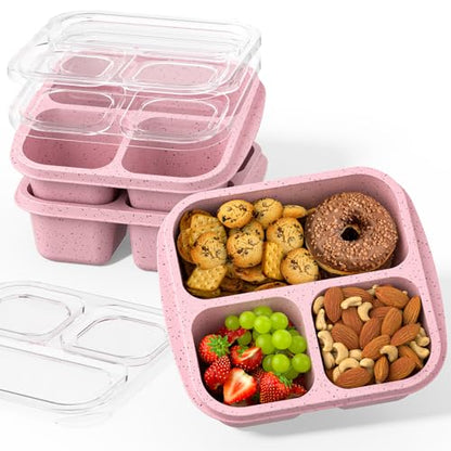 Snack Boxes (3 Pack) - Stackable Bento Boxes with 3 Compartments, Meal Prep Containers Reusable, Lightweight Lunch Containers for Kids and Adults, BPA Free (Pink) - color: Pink