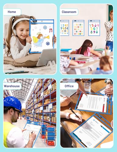 SUNEE 6 Packs Oversized Reusable Dry Erase Pocket Sleeves with Ring, Blue 10x14 Ticket Holders, Clear Plastic Sheet Protectors, Teacher School Classroom Supplies - color: Blue, style: 6 Pack