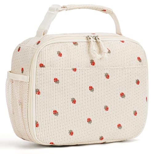 Corduroy Lunch Bag for Women Kids Small Insulated Lunch Box Girls | Cute, Handle with Buckle, PEVA Lining, Keeps Food Fresh Hours, Holds Containers Bottles Utensils, for School Work Travel - color: Beige Strawberry (Red)