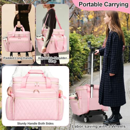 SIYNPAV 5-Wheeled Rolling Teacher Bag with Detachable Trolley, 15.6 Inch Laptop Sleeve & Accordion File Organizer, Large Capacity Teacher Tote with Cup Holder for School Office, Pink