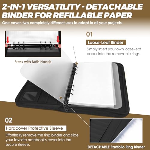 Tactical Notebook Cover, A5 Padfolio 6 Ring Binder with Big Back Pocket & Hand Strap, Zippered Hardcase Planner for Journal, College, Office, Field (Black, A5(7.3 x 10 inches)) - color: Black, size: A5
