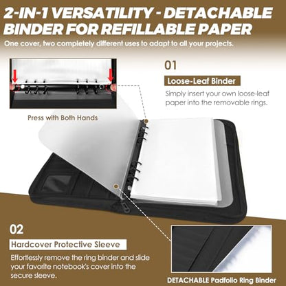 Tactical Notebook Cover, A5 Padfolio 6 Ring Binder with Big Back Pocket & Hand Strap, Zippered Hardcase Planner for Journal, College, Office, Field (Black, A5(7.3 x 10 inches)) - color: Black, size: A5