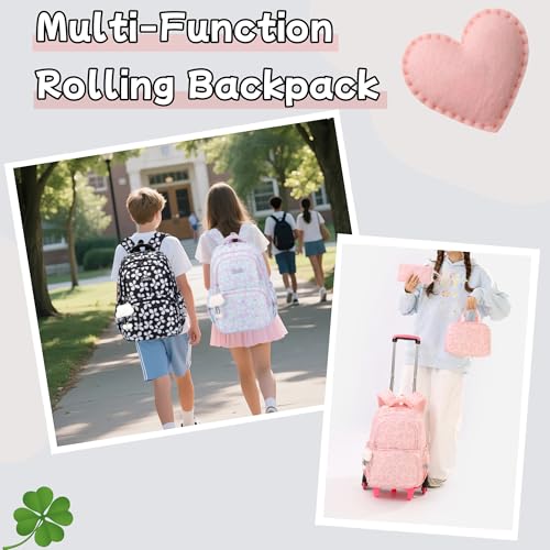 Bansusu 3Pcs Kids Rolling Backpack for Girls with Lunch Bag, Lucky Leaf School Bag Girls Roller Backpack with 6 Wheels, Black - color: 3pcs-6 Wheels-black
