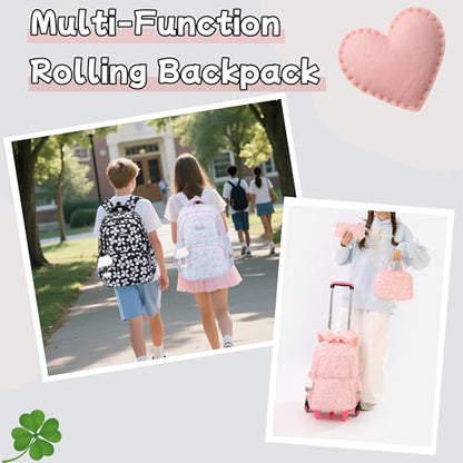 Bansusu 3Pcs Kids Rolling Backpack for Girls with Lunch Bag, Lucky Leaf School Bag Girls Roller Backpack with 6 Wheels, Black - color: 3pcs-6 Wheels-black
