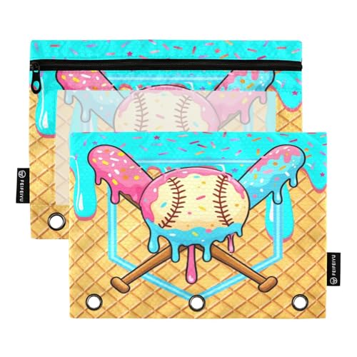 Gredecor Binder Pencil Pouch 3 Ring Cyan Ice Cream Drip Baseball Zipper Pencil Pouches Case 2 Pack Clear Binder Organizer for Kids School Office - color: Cyan Ice Cream Drip Baseball