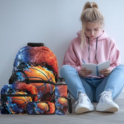 Flaming Basketball Print Backpack Set, 4 PCS Daily School Bag with Lunch Box, Pencil Case and Water Bottle Cover, for Elementary Students Ages 9-12 Outdoor Travel - color: Flaming Basketball Print