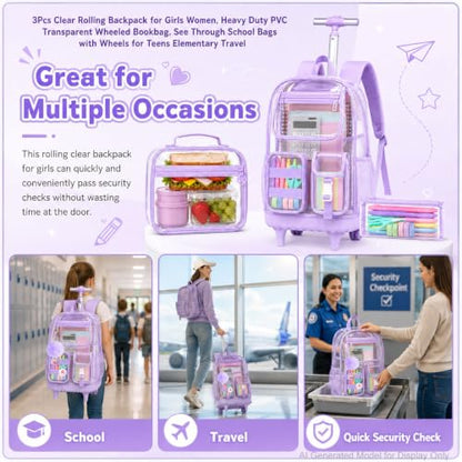 WZLVO Clear Backpack Rolling Backpack for Girls Women, Heavy Duty PVC Transparent Bookbag, See Through Wheeled Backpacks Set for Teens Elementary Travel - Purple - color: Purple