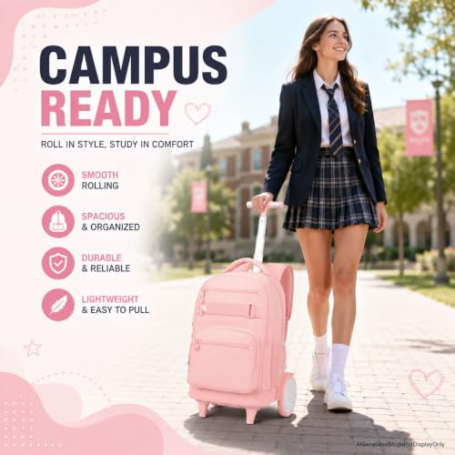 3Pcs Large Rolling Backpack for Teen Girls Women, 20 Inch Detachable Wheeled Bookbag with Lunch Box, Durable Oxford Cloth Roller Backpack for College School Travel (Pink) - color: Large Wheels Classic Pink