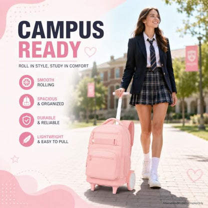 3Pcs Large Rolling Backpack for Teen Girls Women, 20 Inch Detachable Wheeled Bookbag with Lunch Box, Durable Oxford Cloth Roller Backpack for College School Travel (Pink) - color: Large Wheels Classic Pink