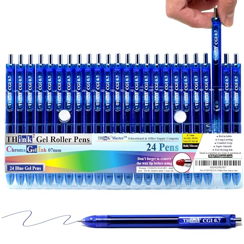 [24 Pens - Blue Ink] Think2 0.7mm CGI Retractable Gel Pens. (24 Blue) Medium Point Rollerball Pens with Smooth Quick Drying Ink. - color: Blue
