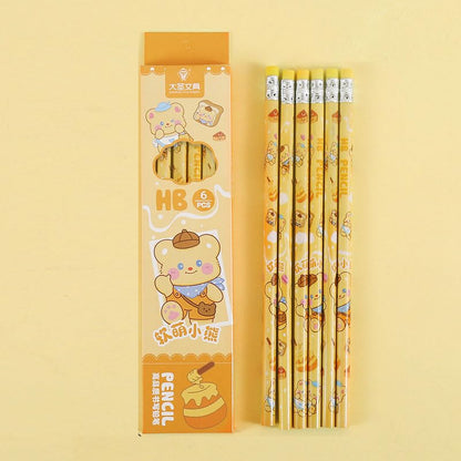 6PCS Wood Pencil Cartoon Pencils Drawing for Class Reward Drawing Sketching School Supplies Ergonomic Hexagonal - color: Creamy Bear