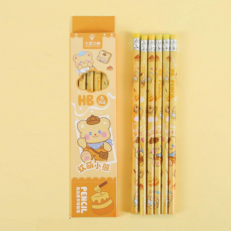 6PCS Cartoon Wood Pencil Ergonomic Grip Wooden Drawing Pencils for Students Class Rewards Back to School Supplies Exam Pencils for - color: Little Girl
