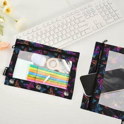 Binder Pencil Pouches Neon Color Butterflies Pen Case | Clear Window 3 Rings, Cosmetic Bags School Office Supplies Cosmetic Makeup Bag 2 Psc - color: Neon Color Butterflies