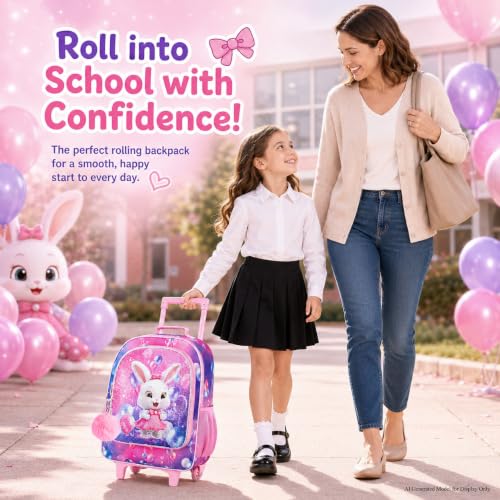 3Pcs Bunny Rolling Backpack for Girls, Kids School Backpacks with Wheels, Roller Bookbag with Lunch Box for Elementary Preschool(Pink) - color: Pink Rabbit