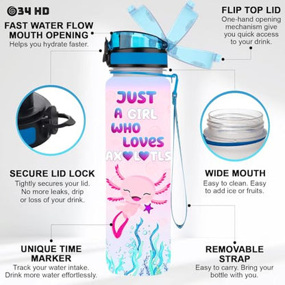 34HD Axolotl Gifts for Girls, 32 oz Water Bottle with Times to Drink, Motivational Tritan Frosted Water Bottle with Strap, Perfect Valentine Day or Birthday Present for Him Her - color: Axolotl Lovers