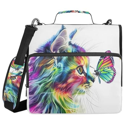 JIPONI Zipper Binder Bag with Handle, Cat Rainbow Butterfly 2 in 3-Ring Binder Organizer with Shoulder Strap, 500 Sheets Large Capacity for School Office