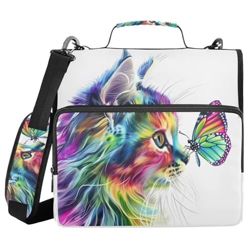 JIPONI Zipper Binder Bag with Handle, Cat Rainbow Butterfly 2 in 3-Ring Binder Organizer with Shoulder Strap, 500 Sheets Large Capacity for School Office