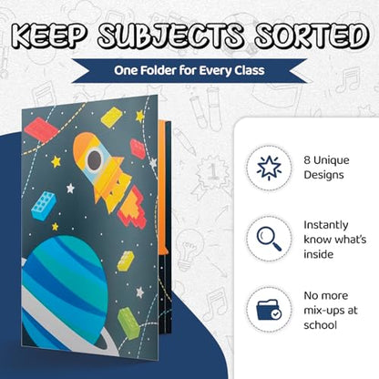 8 Kids Pocket Folders - Homework Folders in Futuristic Robots, Spaceships and Blocks Themes - Kids Folders with Pockets -8 Unique Designs in Front and Back Cover- 2 x 9.25 inch (8 Pack) - style: Futuristic Robots